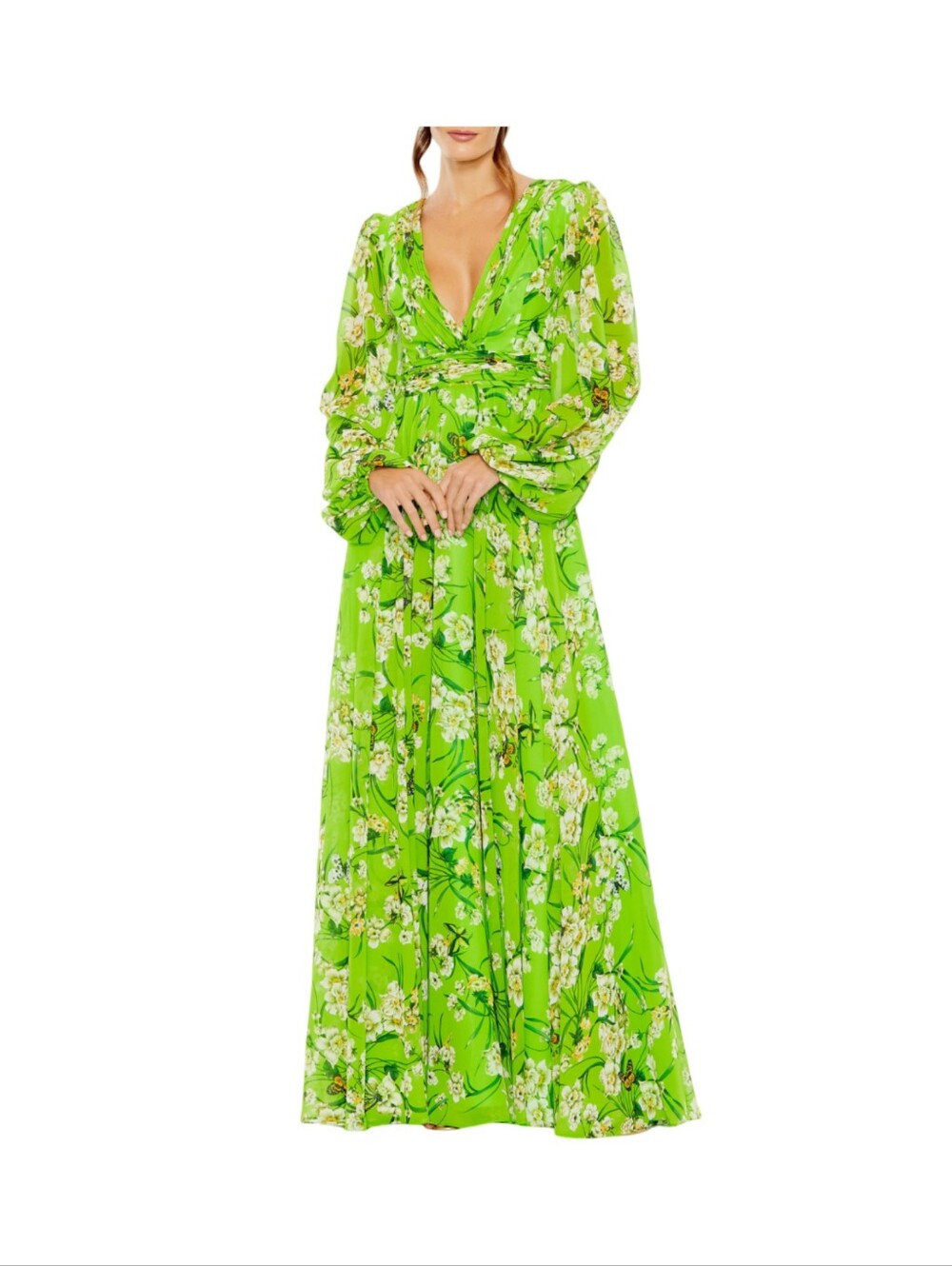 Mac Duggal Green Floral Puff Sleeve Size 14